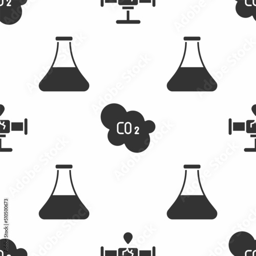 Set Broken pipe with leaking water, CO2 emissions in cloud and Oil petrol test tube on seamless pattern. Vector