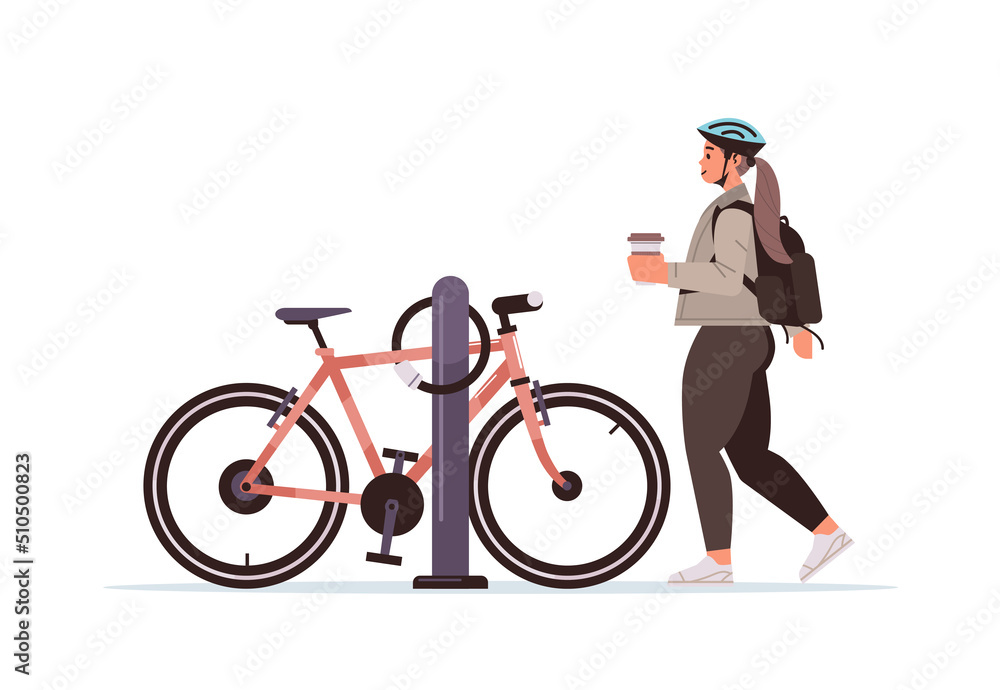 female cyclist taking break during bike ride woman in helmet with takeaway coffee cup standing near bicycle female cyclist taking break during bike ride woman in helmet with takeaway coffee cup standing near bicycle