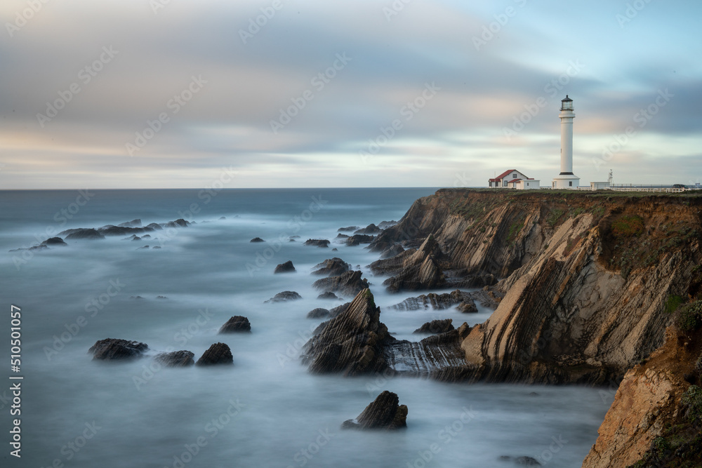 Point Arena Lighthouse on beautiful cliffs, California, USA, long exposure landcape