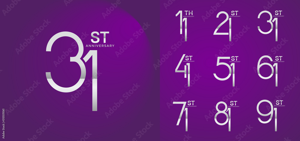 set of anniversary logo style silver color overlapping number on purple background for celebration set of anniversary logo style silver color overlapping number on purple background for celebration