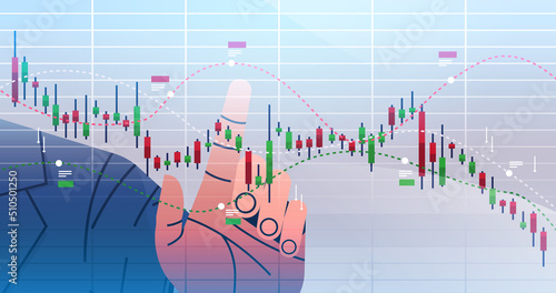 trader hand analyzig falling down stock market trading graph candlestick chart financial investment economy trends
