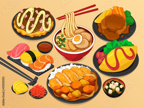 Traditional japanese meal set. (Omelet, Sushi, Katsu curry rice, Okonomiyaki, Miso ramen and Hamburg)
Japanese food menu collection illustration vector.