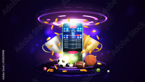 Fotografija Sports betting, purple banner with smartphone, champion cups, falling gold coins