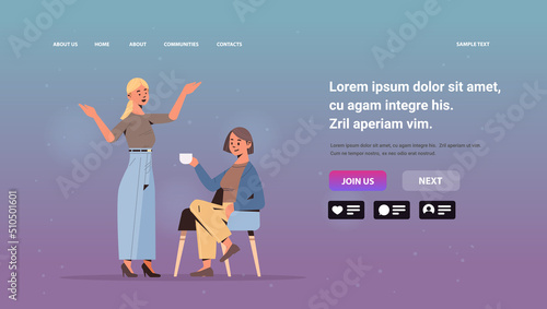 women couple discussing during meeting business women having coffee break horizontal copy space