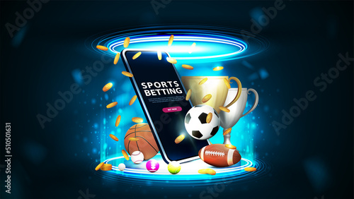Sports betting, digital banner with smartphone, champion cups, falling gold coins and sport balls inside blue portal made of digital rings in dark empty scene