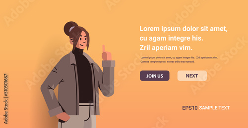 business woman pointing finger up and having new idea brainstorming creativity concept