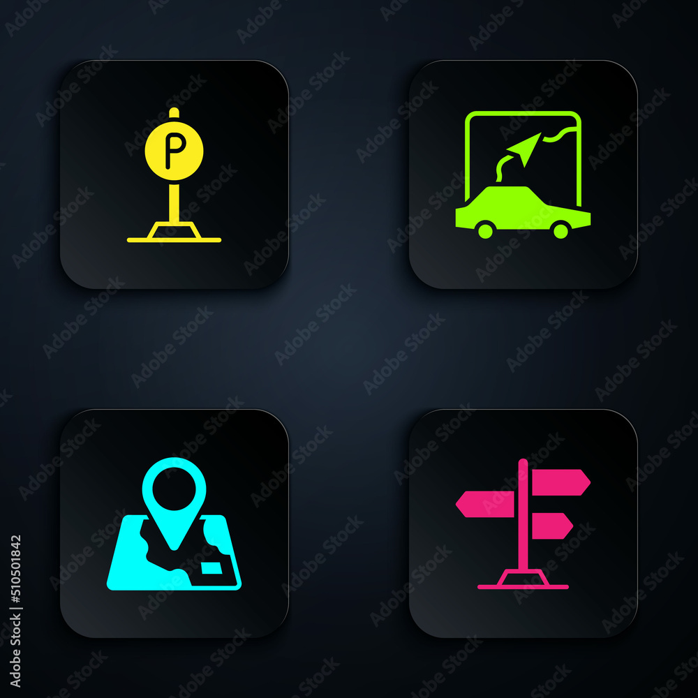 Set Road traffic sign, Parking, Folded map with location marker and City navigation. Black square button. Vector Set Road traffic sign, Parking, Folded map with location marker and City navigation. Black square button. Vector