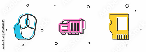 Set Computer mouse, Video graphic card and SD icon. Vector