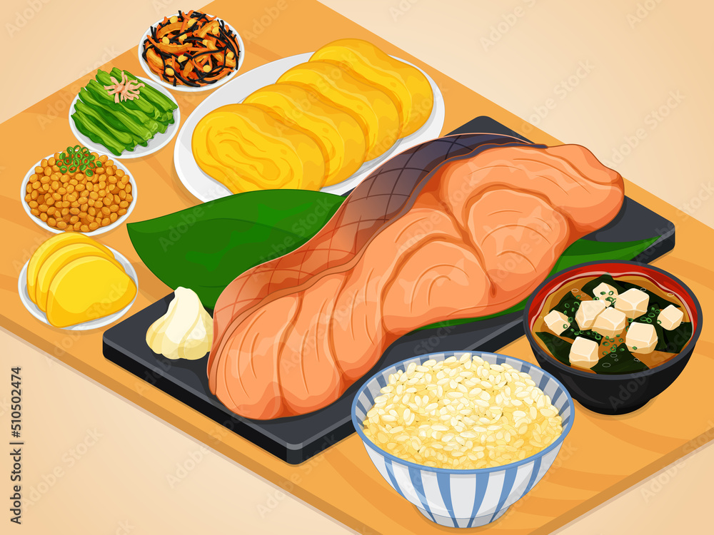 Traditional Japanese Breakfast Grilled Salmon with Tamagoyaki, Hijiki