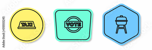 Set line Taxi car roof, Vote and Barbecue grill. Colored shapes. Vector