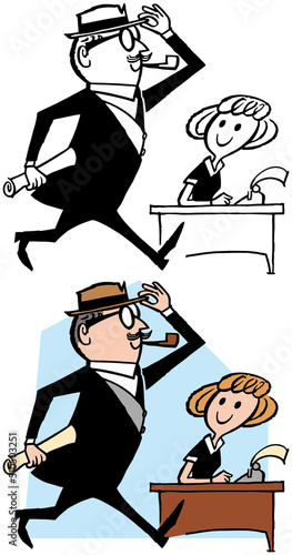 A vintage retro cartoon of a businessman arriving at his office for work in the morning. 
