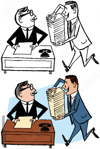 A vintage retro cartoon of a businessman receiving a stack of paperwork from a coworker in his office. 