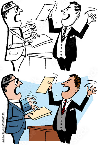 A vintage retro cartoon of two businessman arguing over paperwork in their office. 