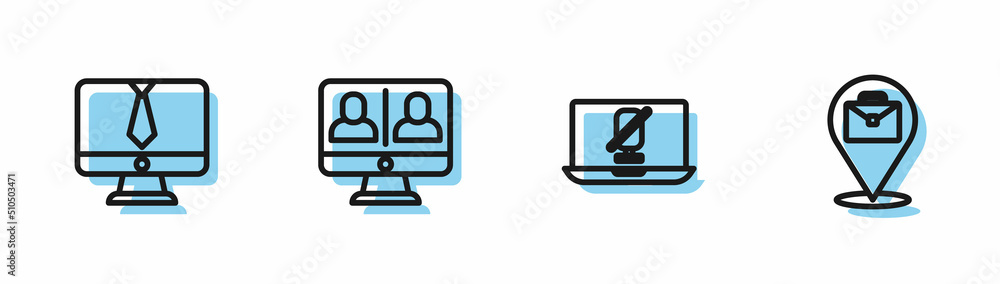 Set line Mute microphone on laptop, Video chat conference, and Online working icon. Vector Set line Mute microphone on laptop, Video chat conference, and Online working icon. Vector