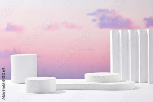 Front view of white podium and stairway with blank space in purple gradient cloudy sky background abstract content