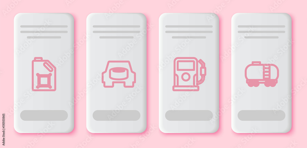 Set line Canister for motor oil, Spare wheel in the car, Petrol gas station and Oil railway cistern. White rectangle button. Vector Set line Canister for motor oil, Spare wheel in the car, Petrol gas station and Oil railway cistern. White rectangle button. Vector