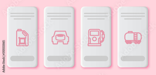 Set line Canister for motor oil, Spare wheel in the car, Petrol gas station and Oil railway cistern. White rectangle button. Vector