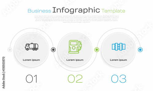 Set line Tanker truck, Petrol or gas station and Metallic pipes and valve. Business infographic template. Vector