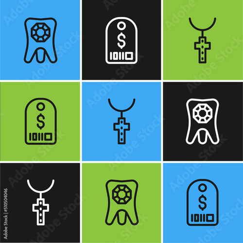 Set line Tooth with diamond, Christian cross chain and Price tag dollar icon. Vector