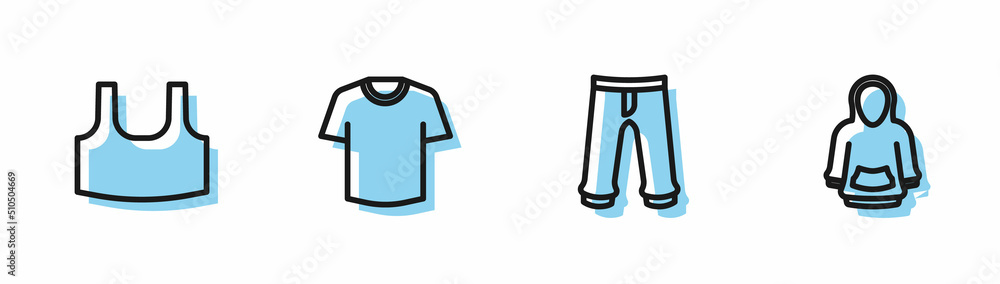 Set line Pants, Undershirt, T-shirt and Hoodie icon. Vector Set line Pants, Undershirt, T-shirt and Hoodie icon. Vector