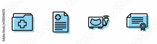 Set line Ultrasound, Patient record, and Certificate template icon. Vector