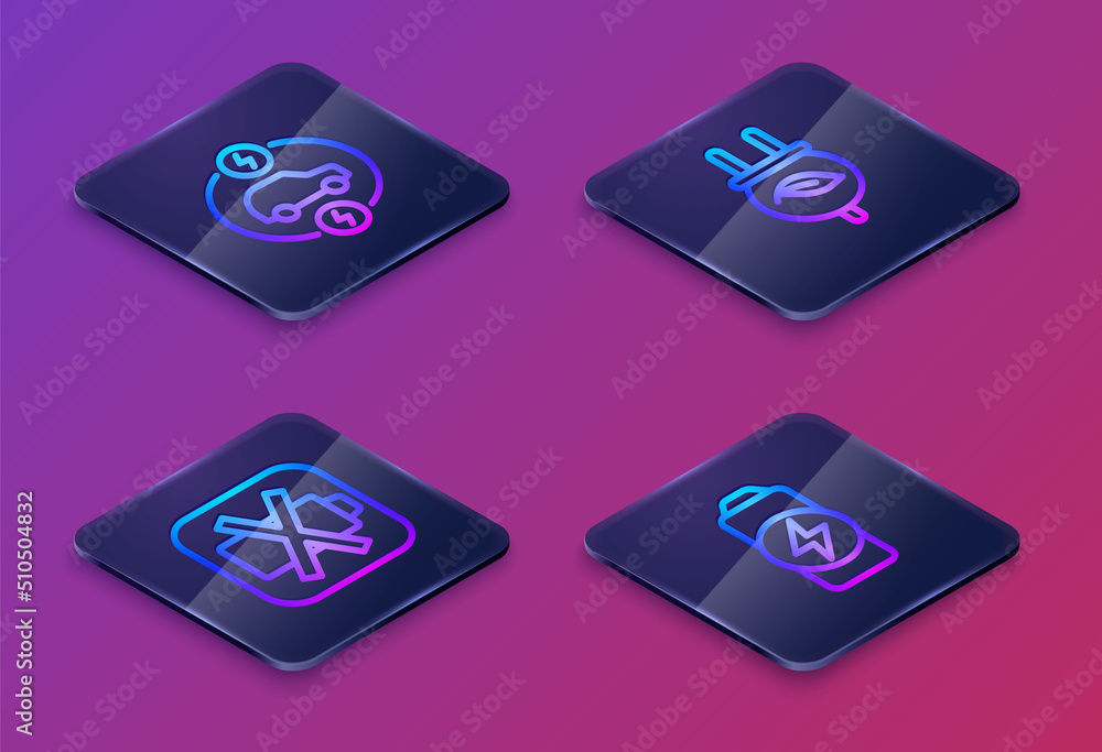 Set Isometric line Electric car, Low battery, saving plug in leaf and Battery charge. Blue square button. Vector Set Isometric line Electric car, Low battery, saving plug in leaf and Battery charge. Blue square button. Vector