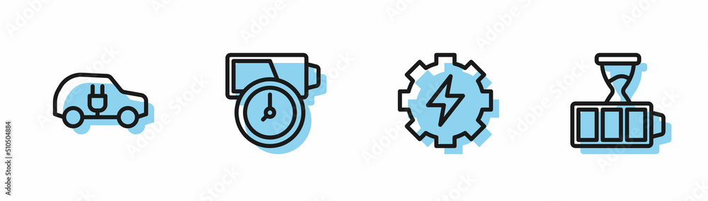 Set line Gear and lightning, Electric car, Battery charge and icon. Vector Set line Gear and lightning, Electric car, Battery charge and icon. Vector