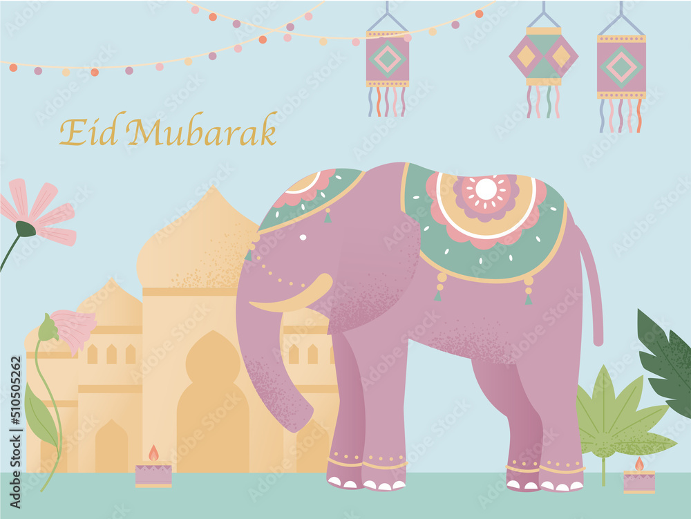 Naklejka premium Eid Mubarak banner poster. Decorated elephants, festive lanterns and Muslim mosques. flat design style vector illustration.