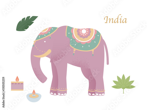 Cute elephant adorned with indian traditional pattern. eid mubarak. flat design style vector illustration.