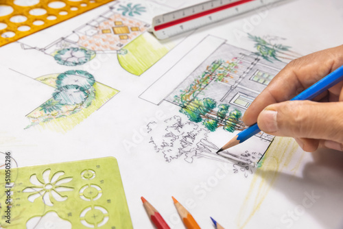 Cuadro en lienzo Landscape architect student learning garden plan design..