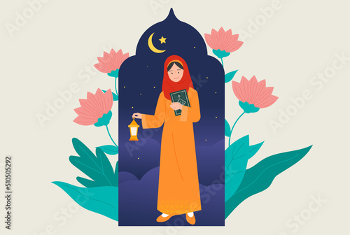 A woman in a hijab is standing with a lamp in her hand and a book in the other. Flowers are decorated around her. night background. flat design style vector illustration.