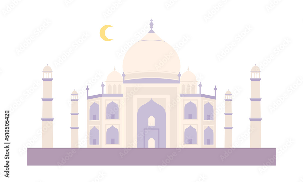 Beautiful Taj Mahal in India. Soft pastel colors of purple and cream. flat design style vector illustration.