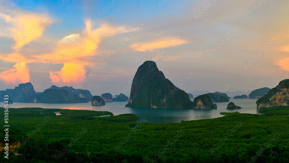 Panorama view of Samet Nangshe, Phang Nga, Thailand in the beautiful sky and clouds. The spectacular and natural beauty of mountains and islands in the Andaman Sea. Picture from above.