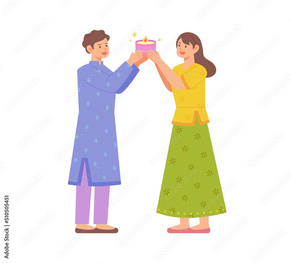 Couples in traditional Indian costumes are holding oil lamps together. flat design style vector illustration. Couples in traditional Indian costumes are holding oil lamps together. flat design style vector illustration.