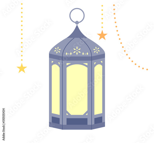 dark blue color lantern and gold string with beautiful Arabic patterns. flat design style vector illustration.