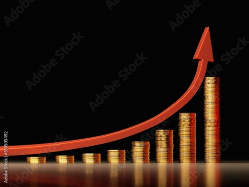 Inflation, prices rise concept. Coin stacks and red arrows representing the increase in the cost of living. Digital 3D rendering.