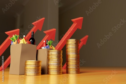 Wallpaper Mural Inflation, prices rise concept. Groceries bags, coin stacks and red arrows representing the increase in the cost of living. Digital 3D rendering. Torontodigital.ca