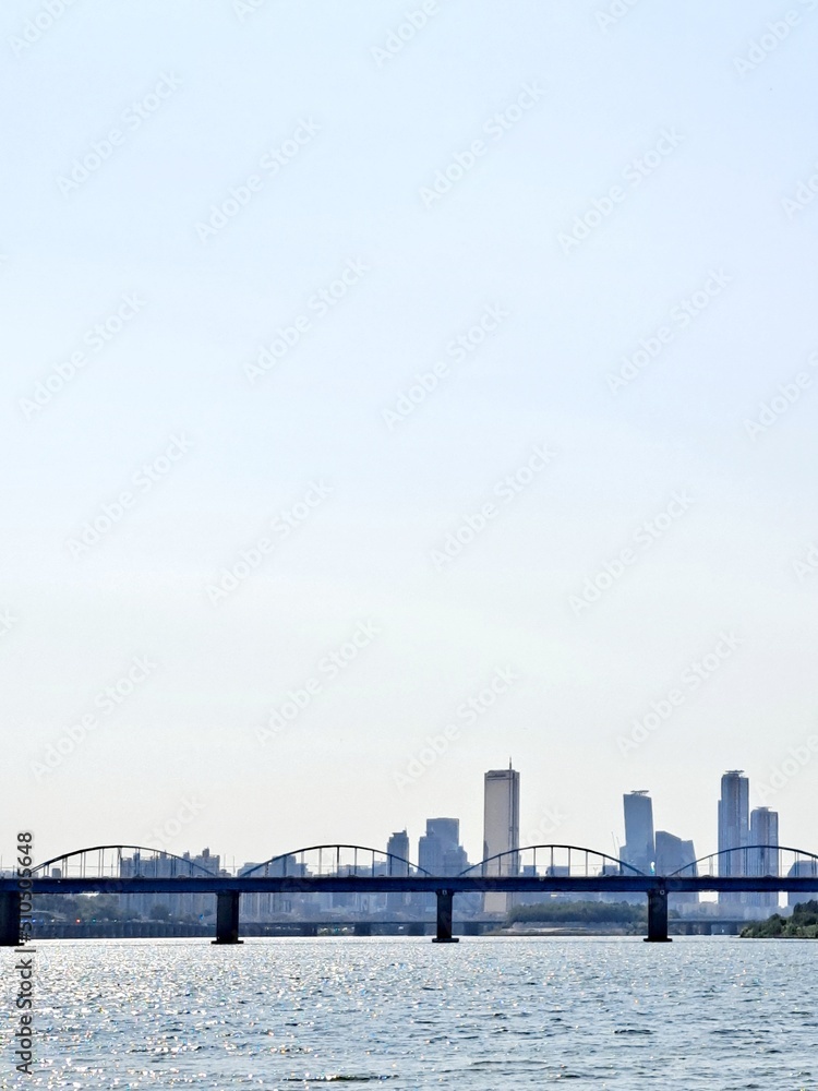 Tied arch bridge over Han River and panoramic view of high rise buildings in Seoul	