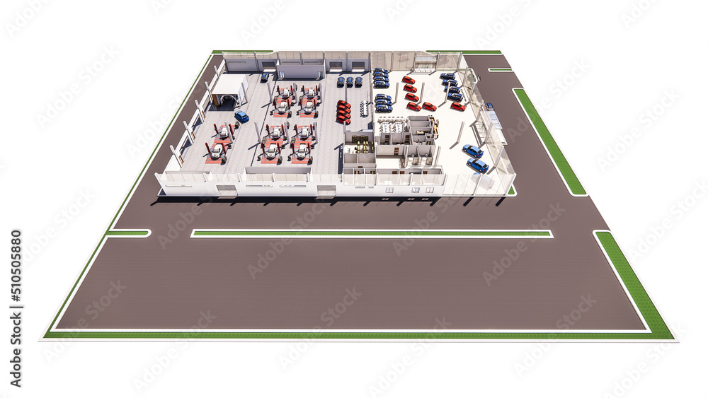 3d illustration of floor plan of car showroom 3d illustration of floor plan of car showroom