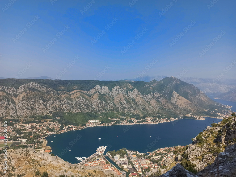 View from above on Kotor bay with sea and mountains in Kotor, Montenegro