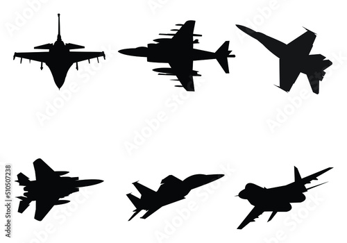 Airplanes, aircraft jet vector silhouettes. Set of plane monochrome black, war jets.