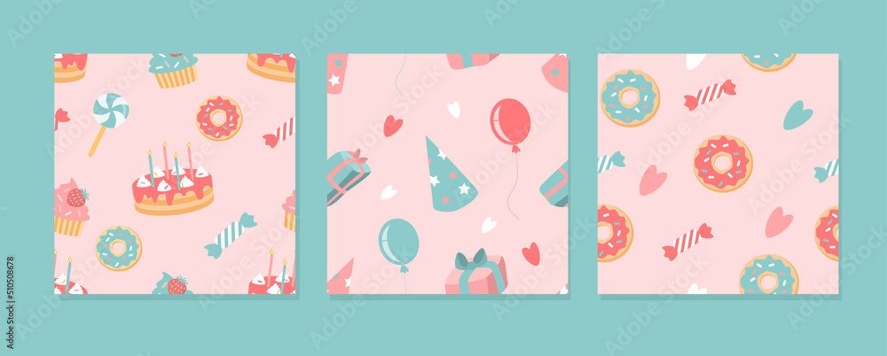 set of vector seamless patterns on the theme of the holiday, birthday and party. Patterns with cakes, cupcakes, sweets, balloons.