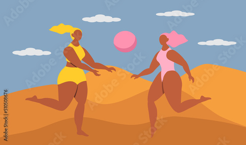 vector illustration in flat style - two tanned girls playing ball on the beach