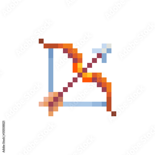 Bow and arrow. Medievalist weapons. Сrossbow weapon pixel art style icon, isolated vector illustration. Design for sticker, mobile app and logo. Game assets 8-bit sprite.