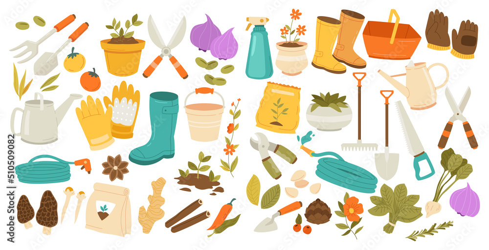 Hand drawn doodle set of Gardening icons Elements Tools or Equipments, Vector illustration set. scissors, boots, hedge, shears, hedge shears, fork, rake, grass, watering can, wheelbarrow. Hand drawn doodle set of Gardening icons Elements Tools or Equipments, Vector illustration set. scissors, boots, hedge, shears, hedge shears, fork, rake, grass, watering can, wheelbarrow.