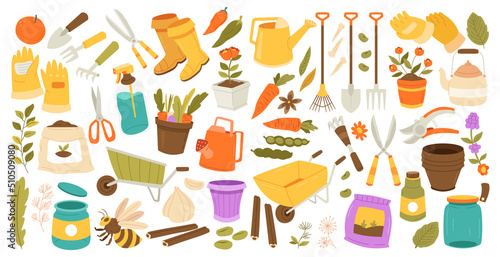 Hand drawn doodle set of Gardening icons Elements Tools or Equipments, Vector illustration set. scissors, boots, hedge, shears, hedge shears, fork, rake, grass, watering can, wheelbarrow.