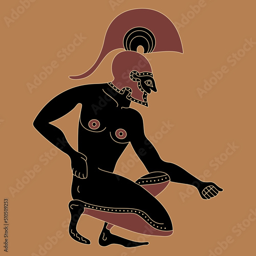 Seated ancient Greek warrior wearing helmet. Vase painting style. Isolated vector illustration.