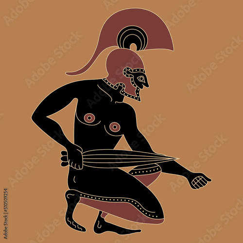 Seated ancient Greek warrior in helmet with a sword. Vase painting style. Isolated vector illustration.