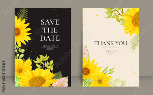 Hand drawn wedding invitation card set with watercolor sunflower