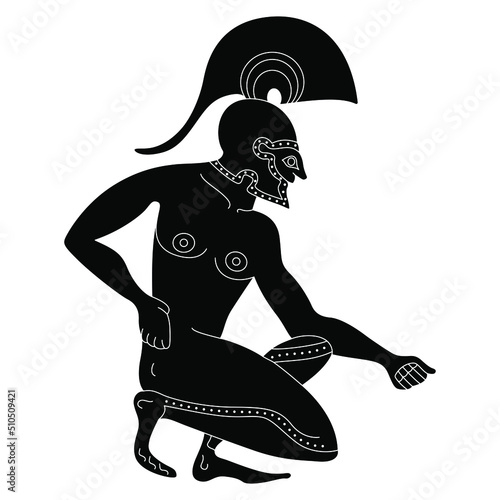 Seated ancient Greek warrior in helmet. Vase painting style. Black and white negative silhouette.